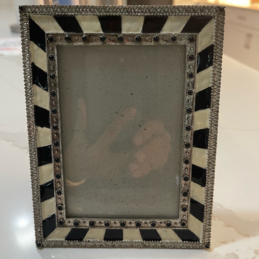 Elegant Black and Cream Enameled Striped Picture Frame 5.5x3.5” photo